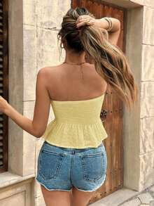 Top bandeau sin tirantes de unicolor con volantes en el bajo, para vacaciones - Amarillo - Ver 2