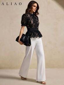 Blusa elegante con volantes de encaje calado floral de ALIAO, de manga de pétalo y cuello alto, estilo versátil para fiesta, citas y todas las estaciones - Negro - Ver 5
