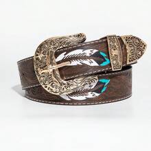 1pc Western Embossed Handpainted Y-Shaped Ox Head Element Buckle Metal Buckle Version Women's Decorative Belt, Bohemian Style - Coffee Brown - Bull's Head - View 9
