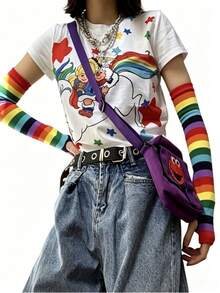 2pcs Rainbow Striped Fingerless Arm Sleeves, Y2K Style Knit Sun Protection Arm Warmers - Multicolor - View 5