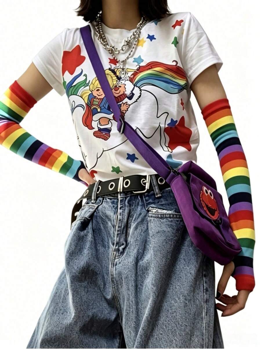 2pcs Rainbow Striped Fingerless Arm Sleeves, Y2K Style Knit Sun Protection Arm Warmers - Multicolor - View 1