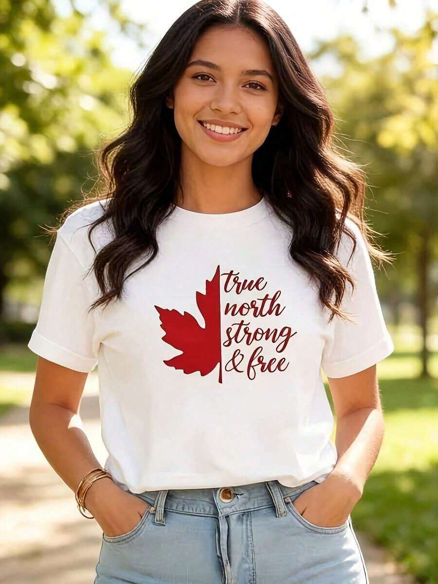 New [HER] Summer Casual T-Shirt With Canadian Red Maple Leaf Print And True North Strong, Unisex, Crew Neck, Short Sleeve, Spring/Summer Top, Regular Fit, Slightly Stretchy, Women's Cotton Clothing - Vintage Urban Style, Unisex Loose Cotton Crew Neck Short Sleeve T-Shirt - 白色 - 查看 1