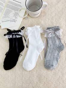 1/3 Pairs Thin Lace Trim Bow Decor Sweet Ballet Style Mid-Calf Socks, Spring/Summer - Multicolor - View 15