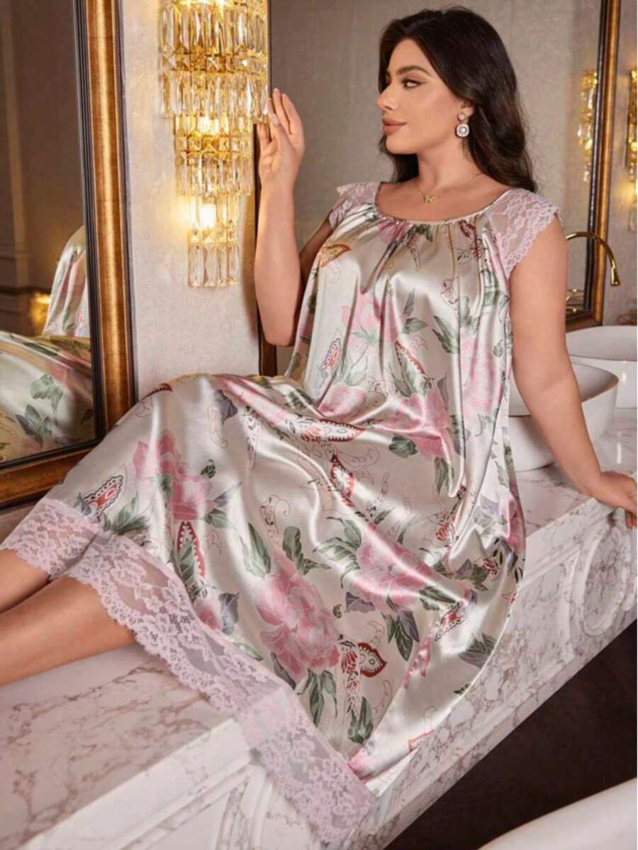 Camisón de satén con estampado floral y parches de encaje para mujer de talla grande - Multicolor - Ver 1