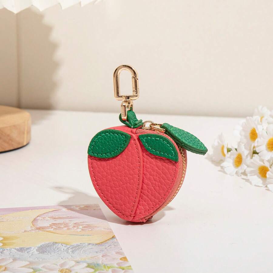 CHARM INFINITE Monedero con llavero mini de melocotón rosa, monedero con cremallera portátil para cambio, bolsa de almacenamiento para auriculares, accesorio de moda