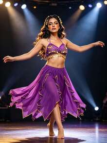 Belly Dance Coin Halter Top + Asymmetrical Chiffon Long Skirt, Suitable For Performance, Halloween Costume And Theme Party (Multiple Colors Available) - Multicolor - View 16