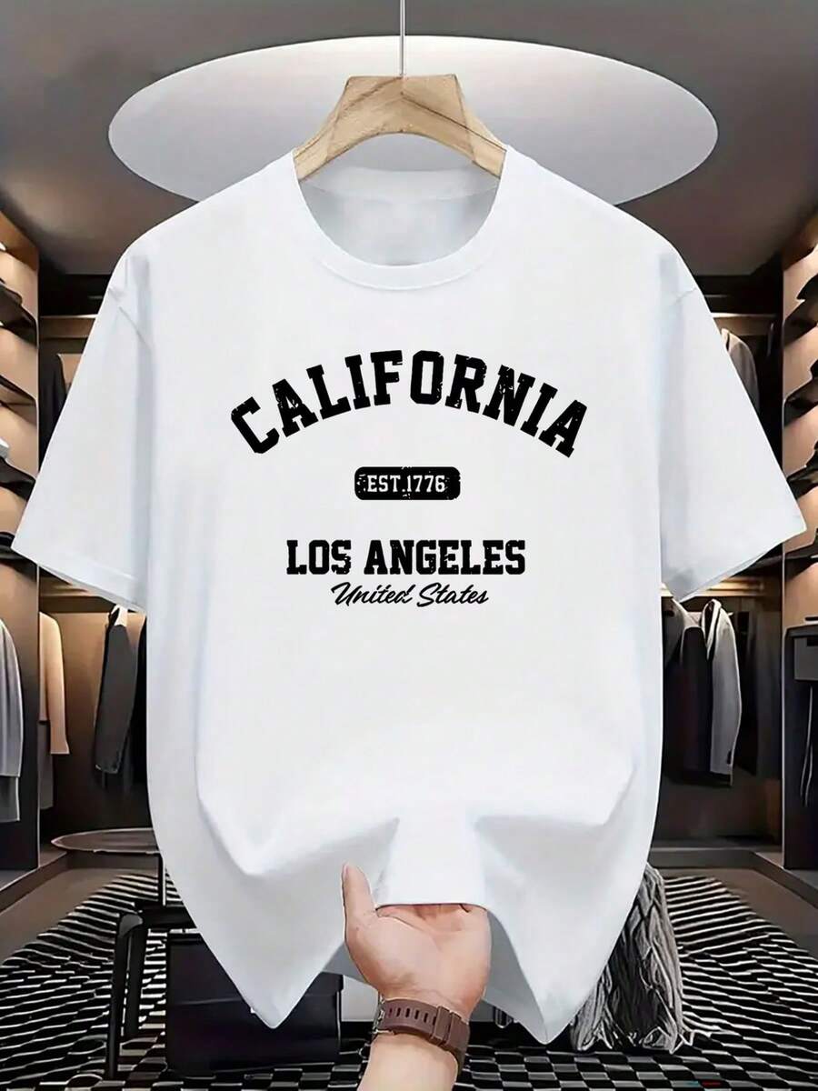 Women's&Man's Nueva camiseta de cuello redondo de marca de moda para hombre, serie<California, Los Ángeles>.|Sol de la  Oeste>Camiseta - Tejido de punto de poliéster, camiseta casual de verano para hombre, corte holgado, ropa casual, camiseta con estampado de letras, camiseta estampada, material ligero, camiseta de algodón suave, camiseta estampada, camiseta ajustada, ropa casual, para jóvenes adultos. - Blanco - Ver 1