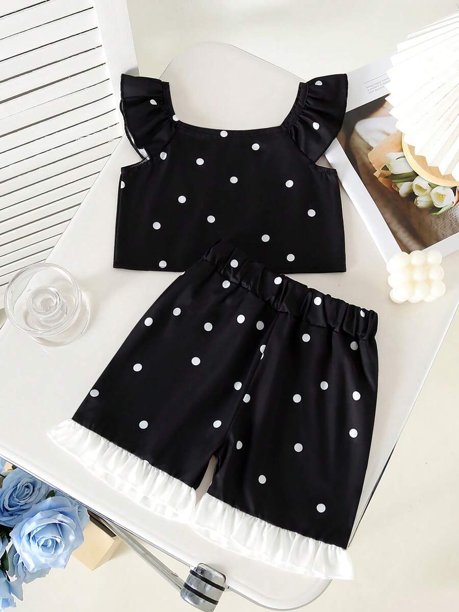 2pcs/Set Cute Retro Polka Dot Contrast Color Cap Sleeve Crop Top And Ruffle Hem Shorts Set For Girls, Suitable For 4-7 Years Old Summer Outfit - Black - View 1