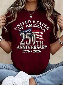 Women's Patriotic T-Shirt With 250th Anniversary Of American Independence Design - Independence Day 1776-2026 Design, Featuring The American Flag And The Words "250th Anniversary", Casual Short Sleeve Crew Neck T-Shirt, Comfortable And Machine Washable. Summer Outfits, 100% Cotton For Women, Vacation Clothes For Women | Exquisite Design | Loose And Comfortable | Easy To Match | Unisex - 紅色 - 查看 10