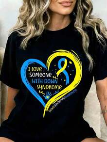 Cotton T-Shirt With The Inscription "I Love Someone With " And A Heart-Shaped Ribbon For  Awareness Day And As A Supportive Gift For Family And Friends. A Must-Have. - 黑色 - 查看 7