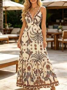 Women's Casual Vacation Bohemian V-Neck Strapless Backless Pleated Bird Print Maxi Dress, Suitable For Spring/Summer Beach Party Elegant - Multicolor - View 9