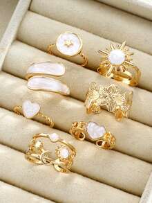 7件套时尚简约优雅花朵、星星、月亮、太阳、心形金色戒指套装，适合女性在夏季、海滩、约会、派对、假日、生日、日常佩戴。 - 金黃色 - 查看 3