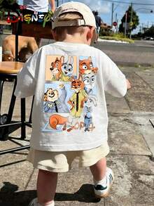 Disney Zootopia Nick Wilde Judy Hopps Four Grid Front Back Print Kids T‑Shirt, Cute Cartoon Boys Girls Short Sleeve Tee - 白色 - 查看 2