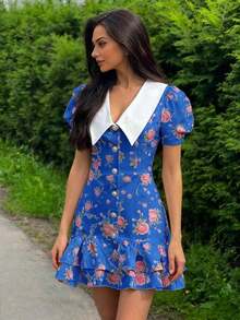 Spring/Summer Casual Style Dress With Collar, Front Buttons, Tie Back And Tie-Dye Print, For Everyday Wear, Western Style, Bohemian, Music Festivals, Vacation, Fairycore Style, Elegant For Women - 鮮紅色 - 查看 7