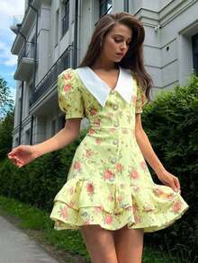 Spring/Summer Casual Style Dress With Collar, Front Buttons, Tie Back And Tie-Dye Print, For Everyday Wear, Western Style, Bohemian, Music Festivals, Vacation, Fairycore Style, Elegant For Women - 黃色 - 查看 4