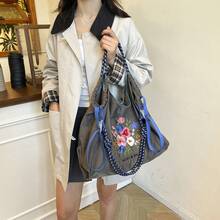 1pc Floral Embroidery Nylon Fabric Large Capacity Open-Top Tote Bag, Adjustable Drawstring Shoulder Strap, Casual Commute & School Bag, Detachable Strap - Multicolor - View 4