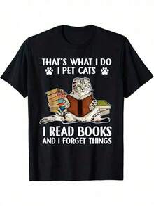Men's Casual Cotton T-Shirt - Graphic T-Shirt "I Read Books, Forget Things And Take Care Of Cats", Short Sleeve, Summer Clothes, Black With White Cat And Book Design, 100% Cotton, Machine Washable - 黑色 - 查看 11