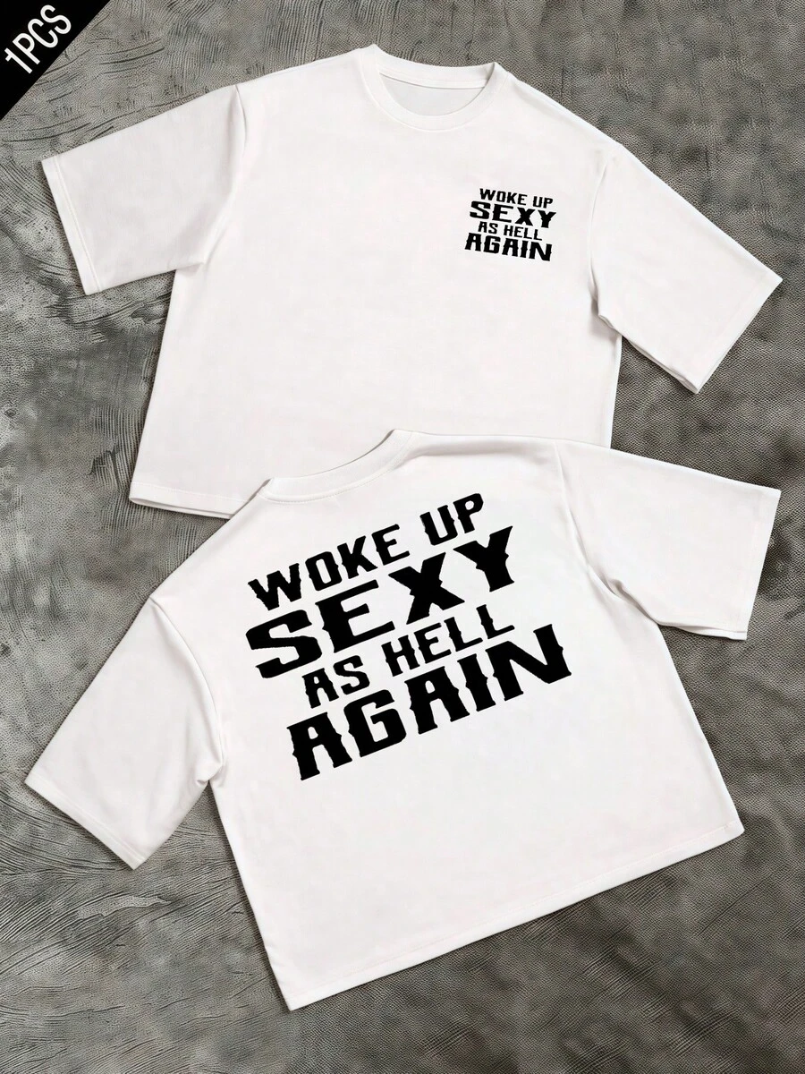 Words Printed On The Front And Back Express Confidence, Energy, And Humor, Reflecting A Positive Attitude To Start The Day With Strength And Determination. With Large Lettering And A Modern Style, This Double-Sided Men's T-Shirt Is Suitable For Casual Everyday Wear And Urban Comfort. - 白色 - 查看 1