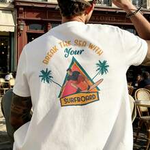 T-Shirt 180g 100 Percent Cotton Oversized Fit Surfboard Graphic Print Summer Beach Wear For Him - White - View 3