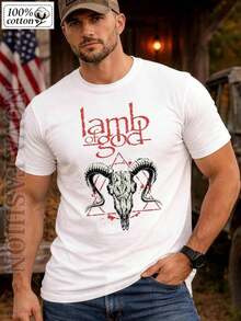 Men's Short-Sleeved T-Shirt, 100% Cotton, With Graphic Print Of The Metal Band Of God Ram Skull, Casual Round Neck, Breathable, Moisture-Wicking, Soft, For Heavy Metal Fans, Perfect For Metal Fans, Concerts, Streetwear, Everyday Wear And In All Seasons, Comfortable Basic Death Metal Music T-Shirt. - 白色 - 查看 2