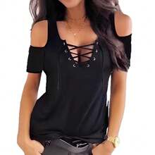 Ropa nueva de primavera y verano para mujer, camiseta sexy de color sólido con hombros descubiertos y lazo, top de manga corta para mujer. - Negro - Ver 3