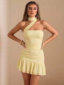 Vestido mini con volantes en el bajo, color amarillo sólido - verde menta - Ver 10