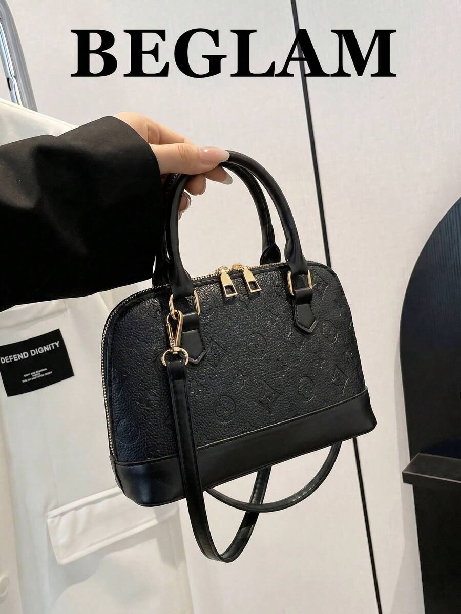 時尚壓紋貝殼手提包,適合女性 - 女孩、女大學生、辦公室女士,適用於辦公室、學校、工作、商務活動、通勤、戶外活動、旅行 - 黑色 - 查看 1