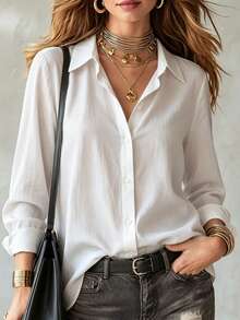 Camisa de manga larga con solapa de un solo pecho en blanco, parte superior versátil y casual, adecuada para el uso diario en primavera/otoño, trabajo y citas - Blanco - Ver 1