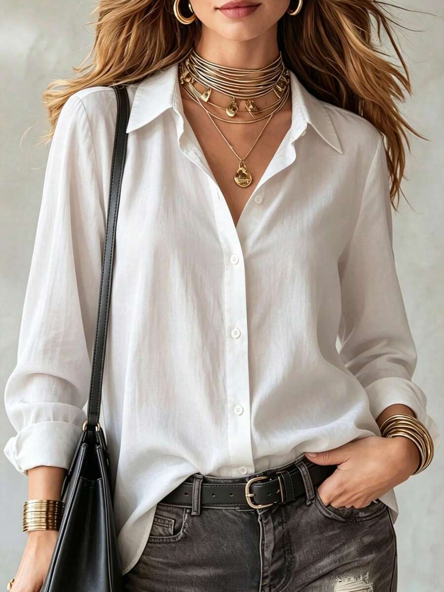 Camisa de manga larga con solapa de un solo pecho en blanco, parte superior versátil y casual, adecuada para el uso diario en primavera/otoño, trabajo y citas - Blanco - Ver 1