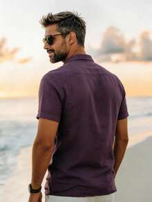 Men's Solid Color Casual Shirt, Outdoor Fashion Short Sleeve Shirt Jacket, Shirt, Fashionable Top, Beach Holiday Hawaiian Shirt - Purple - View 5