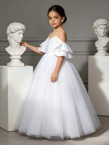 XUMPLO Kleine Mädchen Elegantes Kleid mit Schulter-Rüschen-Ärmel, großer Schleife und Mesh-Einsätzen, geeignet für Blumenmädchen, Partys, Geburtstage, Bankette, Bälle, Hochzeiten, Frühling/Sommer - Weiss - Übersicht 2