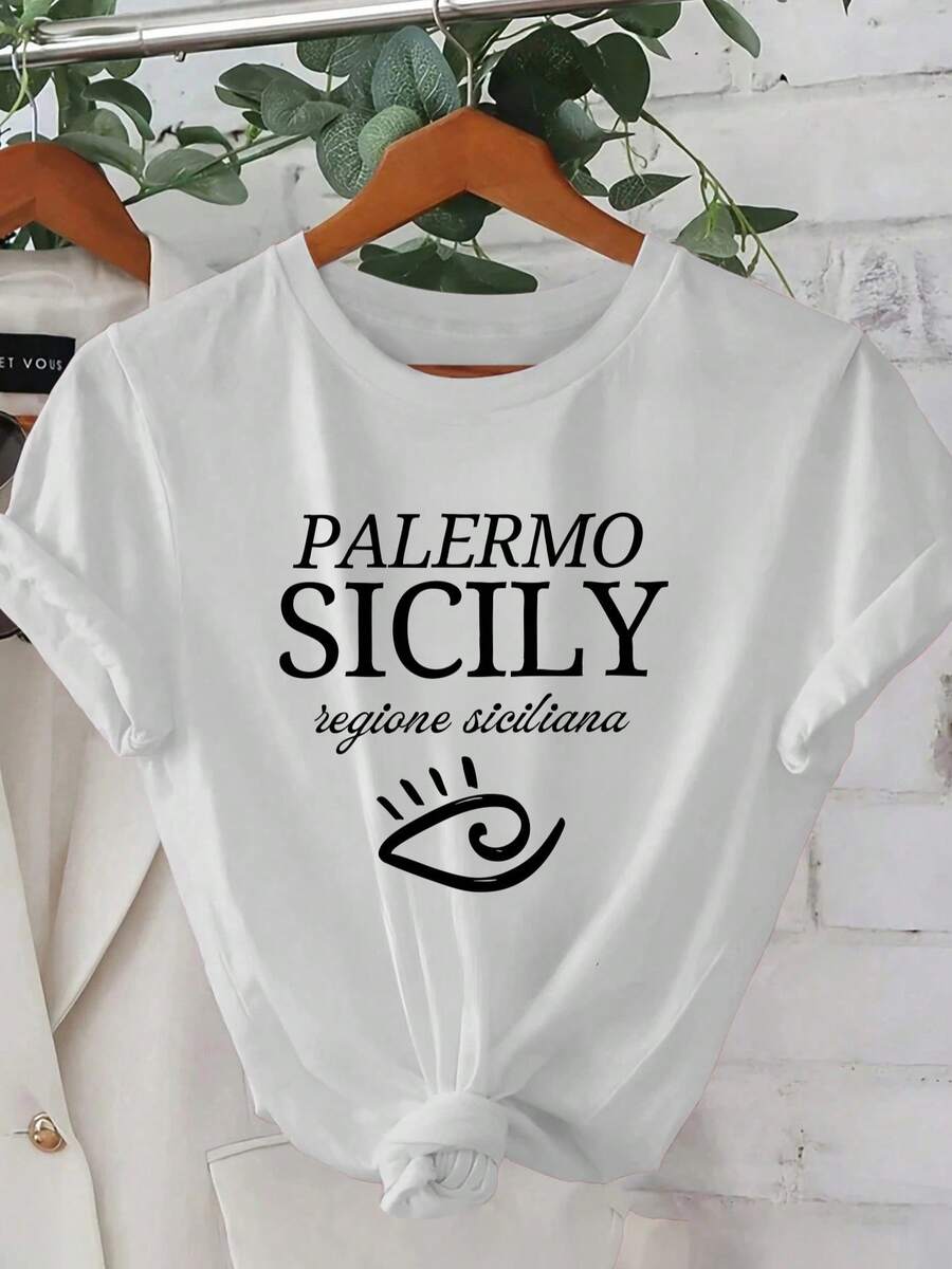 Morbida Women's Summer T-Shirt, 1 Piece, 100% Cotton, Short Sleeve, Palermo Sicily Landmark Geometric Eye Pattern, Streetwear, Casual, Youthful Design, Comfortable Fit - 白色 - 查看 1