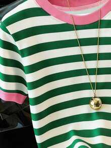 Classic Versatile Apricot & Brown Striped Elegant Summer Outfits For Women, Casual Women's Round Neck Short Sleeve T-Shirt Pink - Pink - View 4