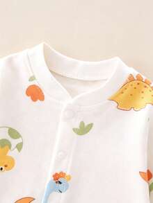 Newborn Baby Cute Cartoon Animal Print Front Button Romper, Infant Long Sleeve Jumpsuit, Suitable For Spring/Autumn Outdoor & Indoor Wear - Beige - View 3