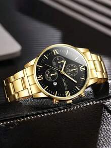 Bộ trang sức tối giản thời trang gồm đồng hồ bấm giờ tròn mạ vàng, lịch thạch anh và dây chuyền mặt dây chuyền hình ngôi sao vàng, nhẫn, vòng tay, thích hợp đeo hàng ngày, đi nghỉ mát, dự tiệc, làm quà sinh nhật, quà tặng Ngày của Cha. - Vàng - Xem 3