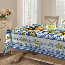 1pc Mediterranean Style Lemon Floral Tablecloth, Printed Tablecloth, Mediterranean Tile Mosaic Blue And White Color Design Pattern, Mediterranean Style, Polyester Round/Rectangular Tablecloth, Summer Decor, Indoor/Outdoor Dining Table Decor, Essential For Spring/Summer Party, Patio Picnic - Multicolor - View 6