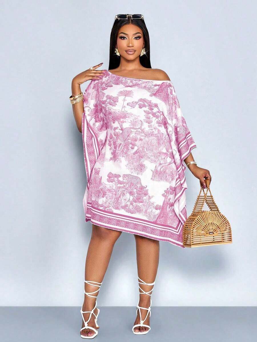 Vestido de mujer de talla para primavera y verano, elegante y para vacaciones casuales, vestido de longitud media con hombros inclinados, hombros asimétricos, pañuelo cuadrado off shoulder, vestido con patrón de rayas en bloque de color negro y blanco, impresión de posicionamiento, impresión tejida, adecuado para uso diario, compras, citas, ropa de amigas, ropa de invitados de boda, ropa de vacaciones, digno y adinerado, vacaciones de lujo tranquilo - Rosa - Ver 1