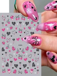 1 Foglio di adesivi per unghie con cuori e fiocchi in stile gotico rosa e nero, decalcomanie 5D autoadesive con disegni di farfalle e croci, decorazioni per unghie impermeabili per uno stile Y2K grunge, perfette per San Valentino e manicure quotidiana - Multicolore - Visualizzare 3