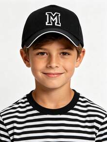 1pc A-Z Letter Kids Baseball Cap, 3-16Y Adjustable Breathable Sun Hat, Casual Black Cap With White Trim For Boys & Girls, Daily & Outdoor Activities - Black - View 2