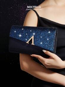 Noctella Shiny Sequin Women's Evening Clutch, Elegant And Fashionable V-Shaped Flap Crossbody Bag, New Luxury Party Bag, Paired With Sparkling Rhinestone 2 Pieces Jewellery Set, Necklace And Earrings, Suitable For Weddings, Evening Banquets And Parties, Can Be Matched With Prom Dresses, Party Dresses, Evening Gowns And Wedding Dresses, Perfect Accessory For Attending A Prom. - Navy Blue - View 8