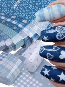 10Tờ/Bộ Miếng Dán Chuyển Mẫu Móng Y2K Punk Họa Tiết Denim Xanh, Hình Trái Tim Ngôi Sao Kẻ Caro, Giấy Chuyển Mẫu Móng Kết Cấu Quần Jeans Xanh DIY, Miếng Dán Bọc Móng Denim Xanh - Nhiều màu - Xem 6