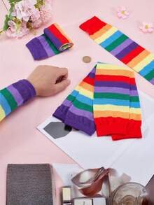 2pcs Rainbow Striped Fingerless Arm Sleeves, Y2K Style Knit Sun Protection Arm Warmers - Multicolor - View 4