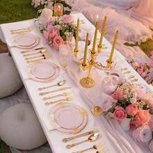 300 piezas de platos de plástico rosa y dorado, juego de vajilla desechable rosa para 50 invitados: 100 platos, 50 cuchillos, 50 tenedores, 50 cucharas y 50 servilletas para bodas, aniversarios y fiestas. - Rosa y oro - Ver 5