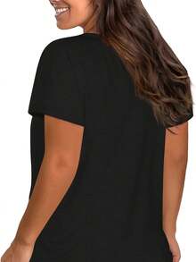 Camiseta de Moda con Estampado de Letras y Cuello Redondo en Tallas Grandes - Negro - Ver 3