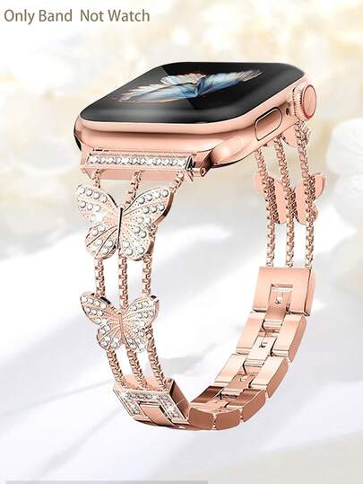 Correa de reloj con diamantes de imitación con diseño de mariposa en color oro rosa compatible con Apple Watch Series 11/10/9/8/7/6/5/4/3/2/1/SE/Ultra, brillante y elegante para mujeres en tallas 38mm, 40mm, 41mm, 42mm, 44mm, 45mm, 49mm, accesorios de correa de reloj inteligente