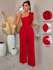 AIJ Conjunto de fiesta para mujer Amarilo: Pantalones acampanados de pierna ancha con cinturón y un hombro con volantes, adecuado para salidas, citas, reuniones, cenas y fiestas de cóctel, unicolor - Rojo - Ver 12