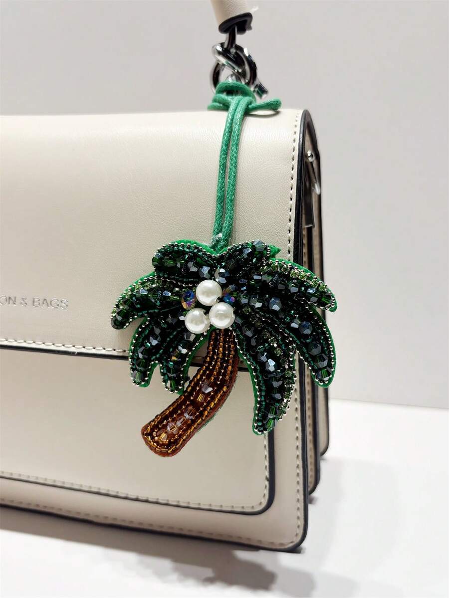 1PC Coconut Tree, Faux Pearl, Artificial Gemstone, Plant, Desert Tree, Fashion, Elegance, Simplicity, Versatility, Personalization, Cute Backpack Hanging Decorations, Shoulder Bag Hanging Decorations - Dark Green - View 1