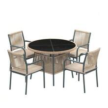Modern Rattan Garden Furniture Set, Including A Round Glass Table And Four Armchairs, With An Iron Frame. Ideal For A Terrace, Balcony Or Patio. - Grey - View 8