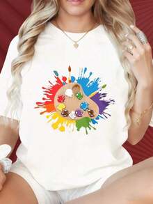 Camiseta de mujer con cuello redondo y mangas cortas es divertida de estampar, camiseta de mujer con cuello redondo y mangas cortas es divertida de estampar, camiseta de diseño artístico con paleta de colores, camiseta de moda casual de manga corta para mujer, camiseta gráfica inspirada en artistas creativos, adecuada para fiestas de Navidad, actividades deportivas, fiestas de vacaciones, salidas, deportes y otros regalos navideños. - Blanco - Ver 7