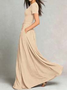 HUTENER Vestido largo con cintura anudada, vestido largo elegante y vintage, versátil y estilizador para el verano - Albaricoque - Ver 12